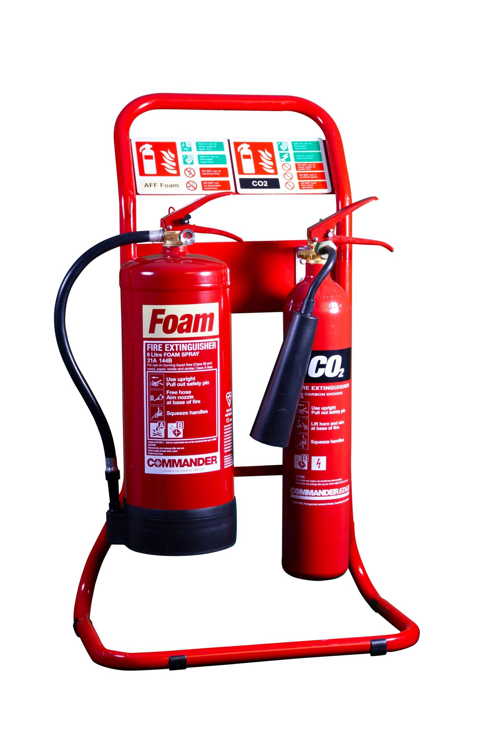 Fire extinguisher supply of a pair of red fire extinguishers on a red metal stand