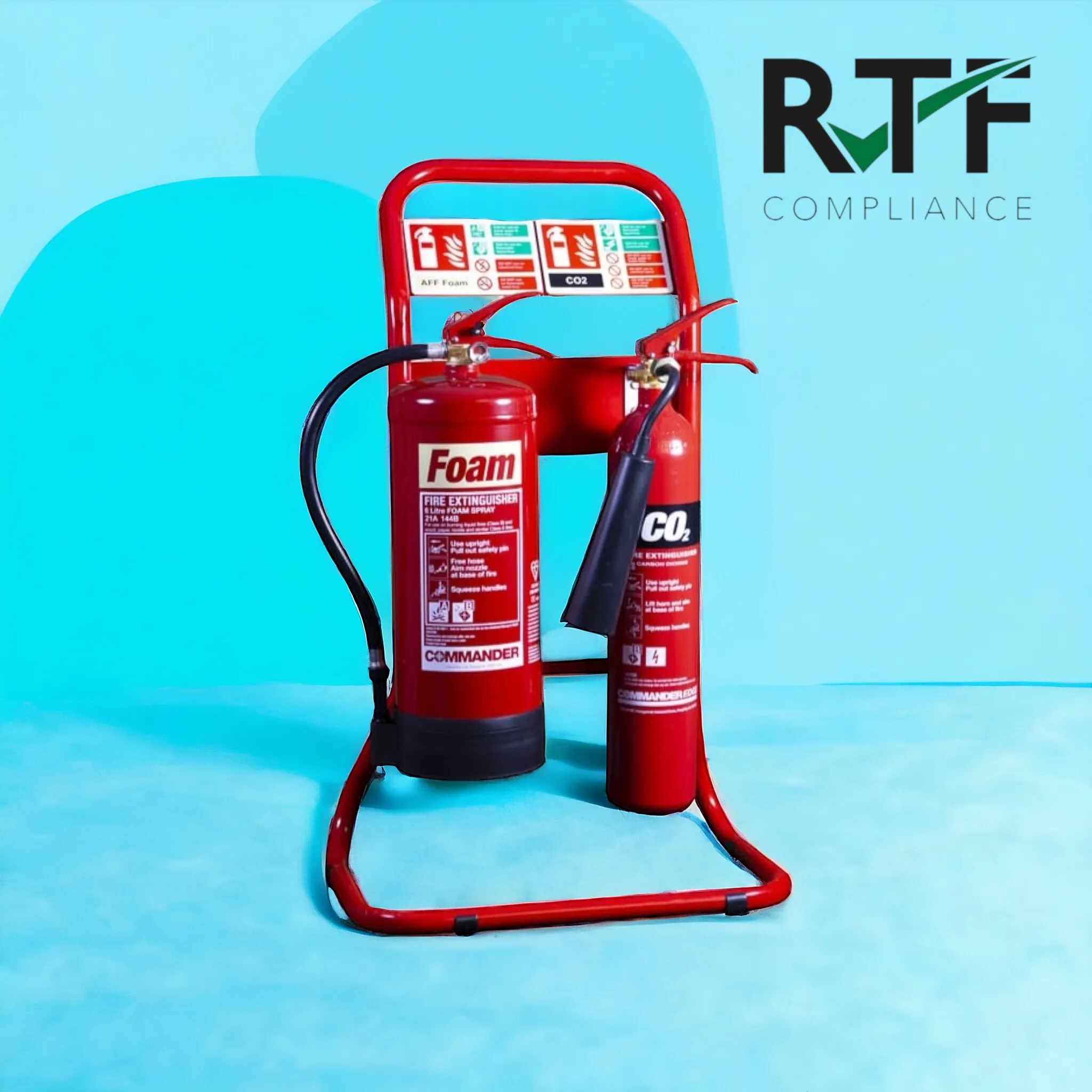 Fire Extinguisher Servicing and Maintenance, pair of red fire extinguisher on a red metal stand commissioned and fully serviced with a blue background